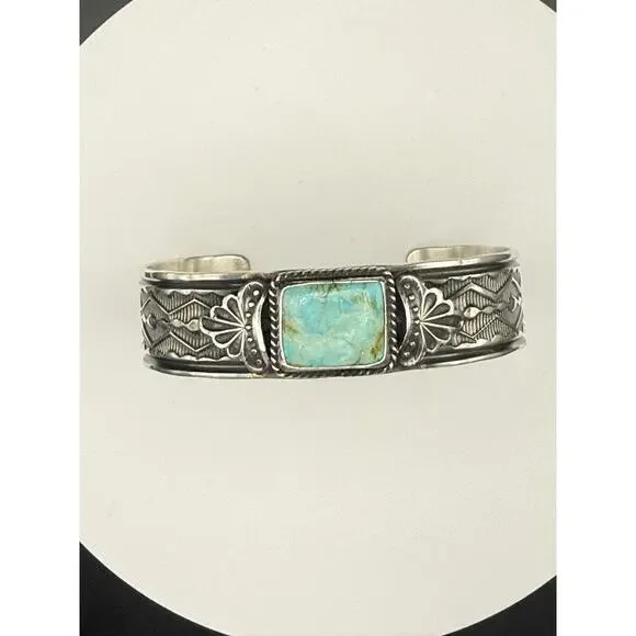 Navajo artist Sunshine Reeves Pilot Mountain Turquoise Sterling Silver Cuff 33g - Picture 2 of 6
